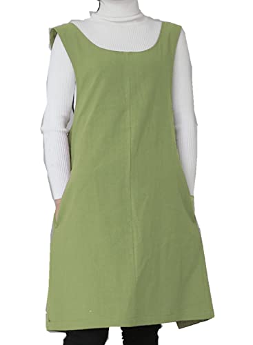 Cotton Linen Japanese Apron Halter Cross Back Bandage X Shape Aprons Two Pockets - color: Shallow Grass Green