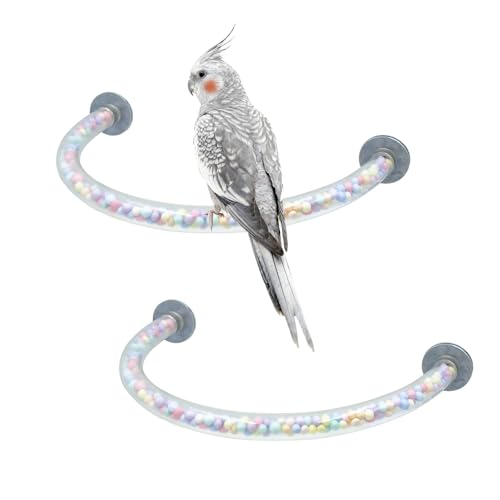 Bird Cage Accessories, 2 Pack Plastic Transparent Perch with Colorful Beads Inside, Bird Perches for Cage, Perch for Budgies, Cockatiels, Lovebirds, Green Cheeks, Small to Medium Birds