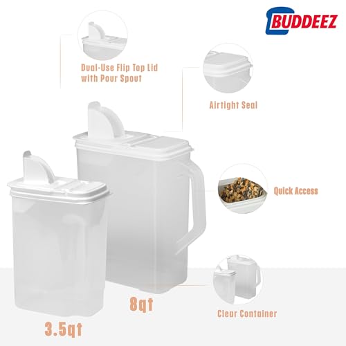 Buddeez Pet Food Storage Containers - 2 Count Bird Seed Dispenser with Pour Tight Lids and Easy Pour Spouts, 8 Qt and 3.5 Qt, Bird Seed Storage for Small and Large Feed, BPA Free