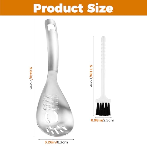 Multifunctional 5-in-1 Cooking Spoon with Cleaning Brush, 18/8 304 Stainless Steel Slotted Spoon, Kitchen Utensil for Potato Masher, Egg Separator, Bottle Opener, Mixing Stirrer