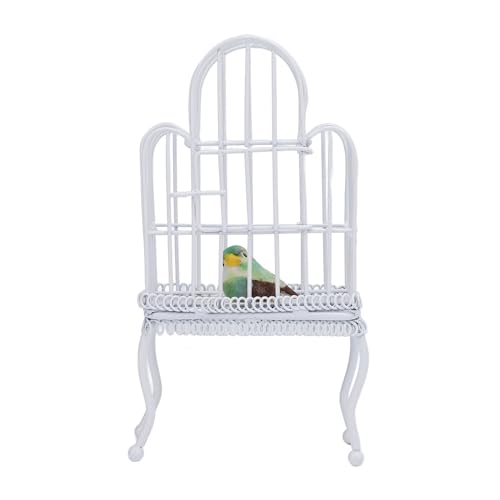 Dollhouse Bird Cage 1:12 Scale Metal Miniature Bird Cage, Realistic Opening Door, Miniature Dollhouse Bird Cage with Artificial Grass Bird Sticker (White)