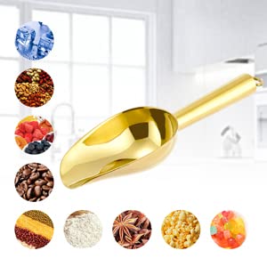 6 Ounce Ice Scoop Set of 2, E-far Gold Stainless Steel Small Scoops for Ice Cube/Candy/Flour/Sugar, Metal Utility Scoops for Canisters, Baking, Kitchen Pantry, Rust Free & Dishwasher Safe - color: Gold