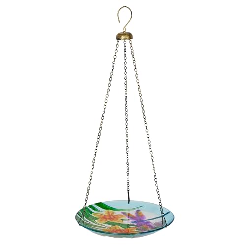 Alpine Corporation KBD158 Outdoor Hanging Glass Bird Feeder and Birdbath, Floral and Dragonfly Design with Chain, 10" W, Yellow - style: Floral and Dragonfly