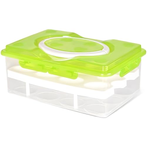 2 Tiers Egg Container Deviled Egg Carrier Eggs Holder with Handle Fridge Freezer Storage by DELIFUR (Green) - color: Green