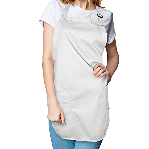 DALIX Apron Commercial Restaurant Home Bib Spun Poly Cotton Kitchen Aprons (2 Pockets) in White - color: White