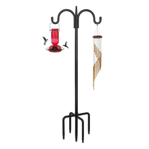 Heavy Duty Shepherds Hook 92" Double Hooks Adjustable (44/60/76/92") - Metal 5-Prong Base, 15lb Capacity - Easy Assembly Bird Feeder Pole for Hanging Planters, Lanterns, Wind Chimes - color: 1-Pack, size: 92" Double Hook
