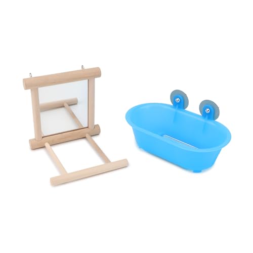 Wontee Bird Bath Parrot Bathing Tub Bird Mirror with Perch Toys for Budgies Parakeets Cockatiels Lovebirds Finches Canaries (Blue (A)) - color: Blue (A)