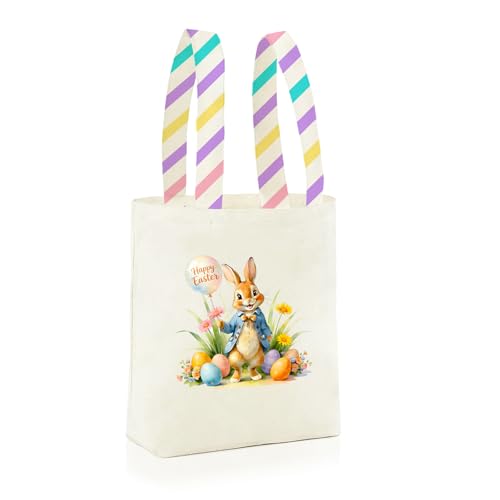 Easter Basket Bunny Canvas Tote Bag, 12.2x11 Inches, Natural Canvas, Hand-Carry, for Gift and Easter Egg Collection - color: A-blue