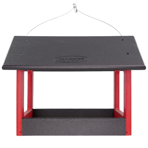 DutchCrafters Amish USA Made Recycled Plastic Large Hanging Modern Fly Through Covered Roof Open Platform Tray Bird Feeder for Outdoors, Garden, Yard (Black & Red) - color: Black & Red