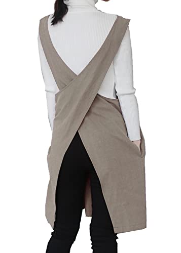 Cotton Linen Japanese Apron Halter Cross Back Bandage X Shape Aprons Two Pockets - color: Khaki