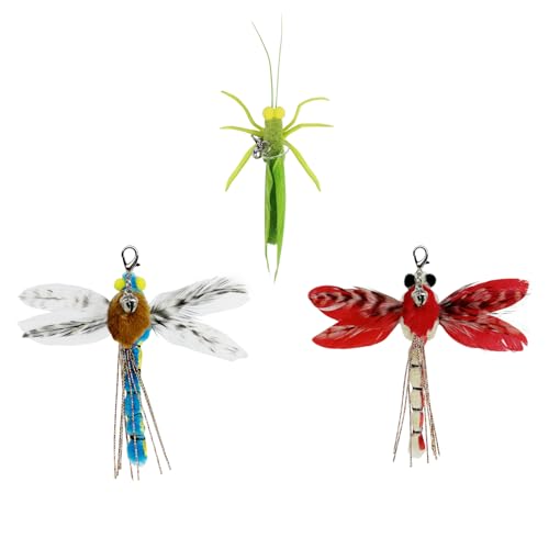 TTcat 3 Pack Dragonfly Grasshopper Cat Wand Refills, Realistic Natural Feather Insect Detachable Replacement Toy Heads with Bell, Universal Lobster Clip-on Cat Teaser Attachments. - color: 3Pcs (Dragonflys+Grasshopper)