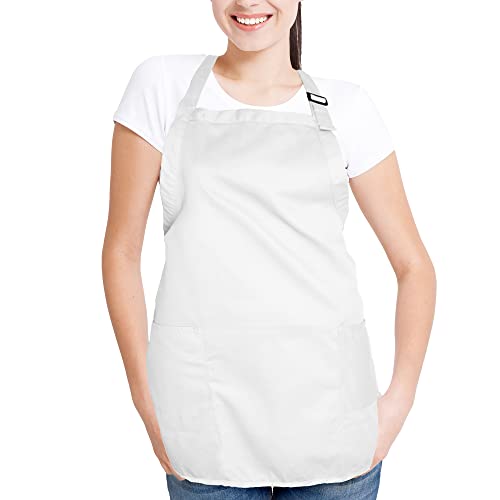 DALIX Apron Commercial Restaurant Home Bib Spun Poly Cotton Kitchen Aprons (2 Pockets) in White - color: White