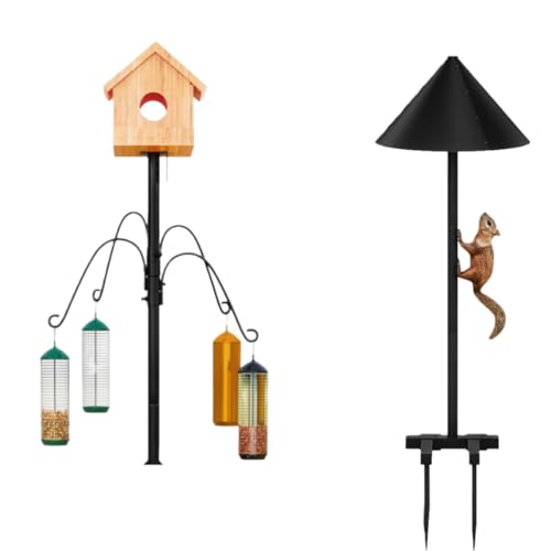 INGIORDAR Bird Feeder Pole with Squirrel Baffle Shepherd Hooks 101.97 in | Bird Feeder Pole with Squirrel Proof Baffle Bird Feeding Station with 4 Shepherd Hooks Garden Yard Bird House Not Included