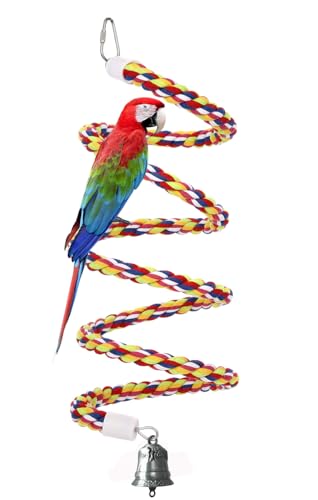 63'' Bird Rope Perches Birdcage Swing Toys 100% Cotton Natural Bird Perch Peck/Chewing with Vintage Bell Climbing Standing Bungee Parrot Toys for Small to Regular Size Parrot Cockatiel Birds - size: 63 inches (1 piece)