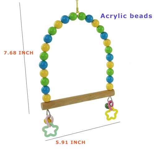Wooden Bird Swing for Cage Large Parrot Hanging Toys Cockatiel Perch Stand | Colorful Acrylic Beads, Budgie Chewing Toy with Bell, Parakeet Climbing Training Set, Quaker Conures Birdcage Accessories - color: Oceanic palette