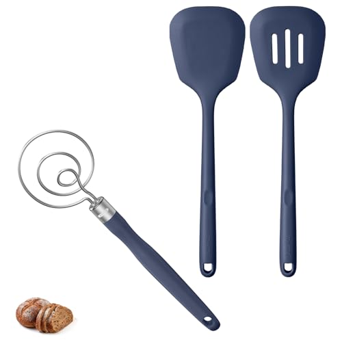 U-Taste 600ºF Heat Resistant 13.6in Long Solid & Slotted Silicone Turner and 12.6in Stainless Steel Danish Dough Whisk (Midnight Blue)