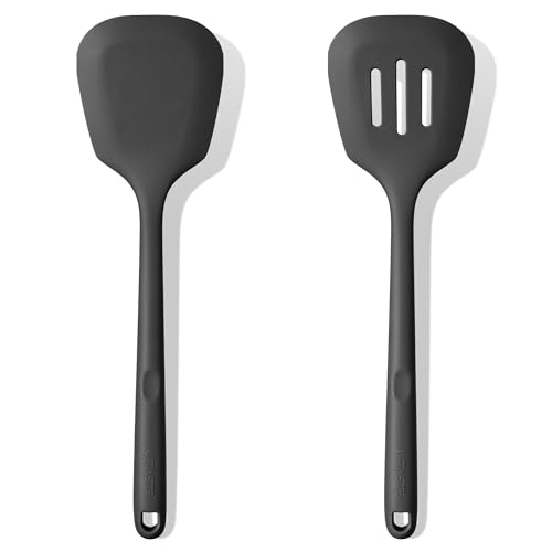 U-Taste Silicone Turner Spatula Set of 2, 13.6" Long/3.7" Wide, Black | 600ºF Heat Resistant Food Grade Silicone Cooking Utensils Set, Wide Large Solid & Slotted Turner Pancake Egg Flipper - color: Classic Black