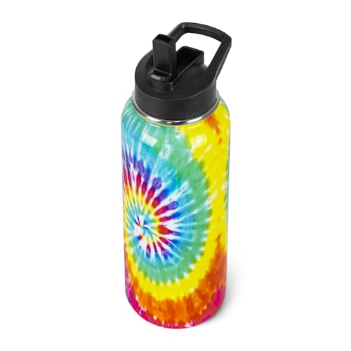 Tie-Dye Water Bottle with Straws Insulated Bottles Travel Thermal Double Walled Vacuum Cup Leak Proof Stainless Steel Tumbler Tie-Dye Lovers Decor Gifts-32 oz - color: Cyan blue yellow
