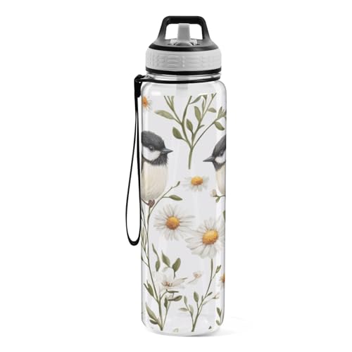Chickadee Birds 32 oz Water Bottle - Clear Tritan, BPA-Free, LeakProof with Carry Strap for Sports, Gym & Outdoor Activities - color: C711