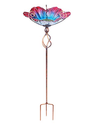 Glass Birdbath Birdfeeder with Metal Stake Garden Yard Outdoor | 31inch height stain glass bird bath for outside, flower bird bath bowl,attract wild birds and beautify outdoor gardens - color: Multi