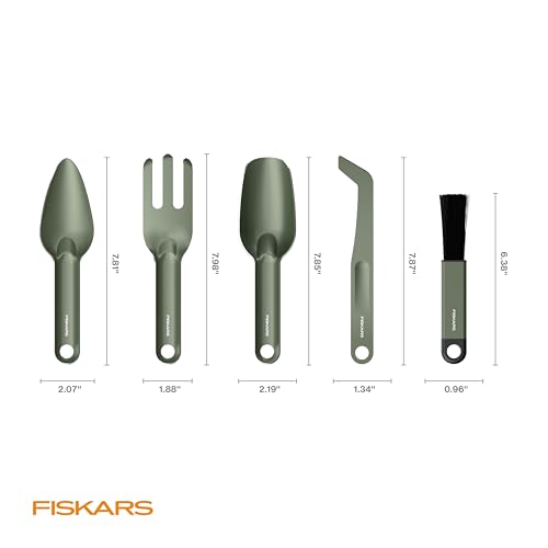 Fiskars 5-Piece House Plant Cultivating Tool Set for Indoor Gardening | Nesting Trowel, Soil Scoop, Cultivator, Tongs & Brush, Stainless Steel with Green Powder Coat Finish - size: 5-Piece Set