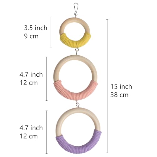 3-Ring Bird Wooden Swing Climbing Toy Chewable Cotton Rope Perch for Cage | Cockatiels Budgies Parakeets Lovebirds, Easy to Install & Clean, Multi-Play