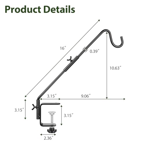 Deck Hook, 16 Inch Bird Feeder Hanger for Hummingbird Feeders, Black | Heavy Duty, Metal Hanger for Planters, Lanterns, Wind Chimes, Holiday Decorations, 360° Rotatable Arm, Gifts for Women Men - size: 16inch