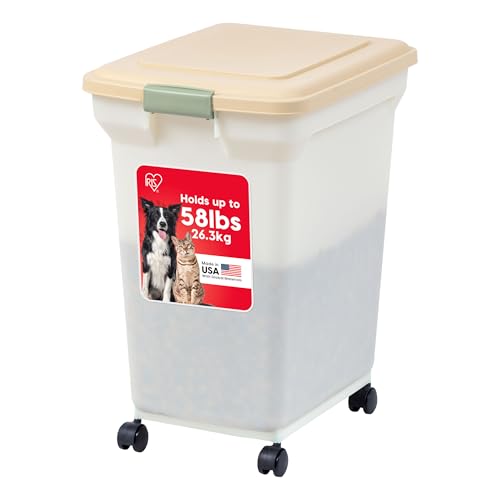IRIS USA Dog Food Storage Container, Up to 58lbs, Almond/Pearl, Made in USA | Wheels for Mobility, Airtight Seal, BPA-Free, Best for Bird Seed, Cat food, Cat Litter, Chicken Feed, Pellets - color: Almond/Pearl, size: 58 lbs