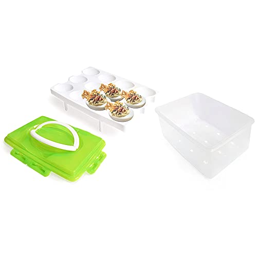 2 Tiers Egg Container Deviled Egg Carrier Eggs Holder with Handle Fridge Freezer Storage by DELIFUR (Green) - color: Green
