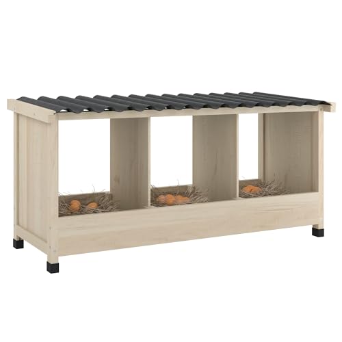 3 Holes Wooden Chicken Nesting Box, Wall Mounted or Floor Use | Chicken Coop Accessorie with PVC Roofing, Preventing Egg Falls, Easy to Assemble, Backyard and Farms, Natural Wood - size: 37.8"L x 13.0"W x 16.9"H