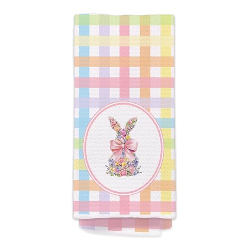 Pastel Gingham Cute Spring Easter Bunny Decorative Hand Towels for Girls Kids Bathroom, Coquette Pink Bow Rabbit Kitchen Dish Tea Towel Dishcloth, 16x24 Inch-620 - color: Hcolor007