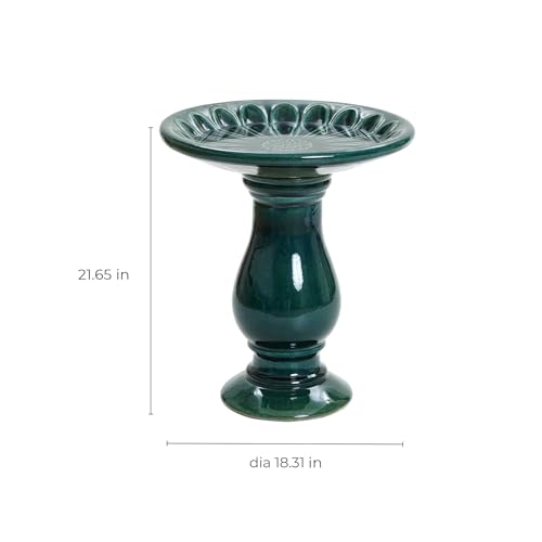 LuxenHome 22 Inch Ceramic Bird Bath for Outside, Elegant Tall Outdoor Bird Bath, Lightweight Pedestal Glazed Birdbaths for Outdoors with Floral Pattern, Dark Green - color: A Dark Green
