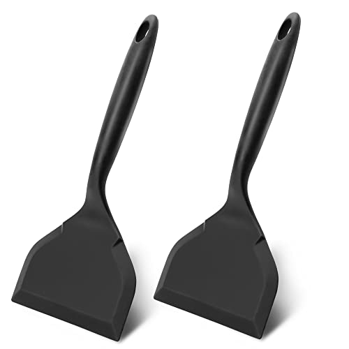 2 Pack Silicone Pancakes Spatula,Wide Pancakes Spatula Turner for Eggs Fish Pizza and Steak Shovel Omelette Spatulas for Nonstick Cookware,Heat Resistant Kitchen Flipper Spatulas for Cooking (Black) - color: Black
