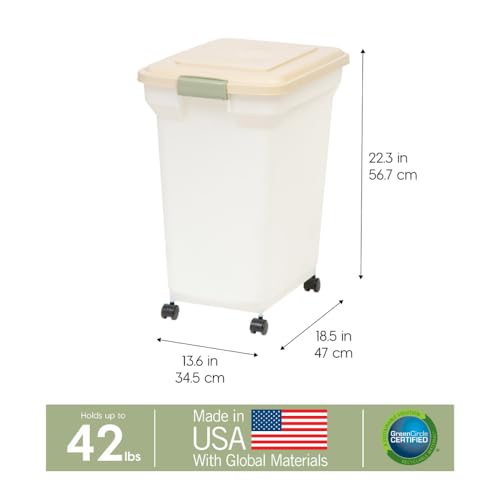 IRIS USA Dog Food Storage Container, Up to 40lbs, Almond/Pearl, Made in USA | Wheels for Mobility, Airtight Seal, BPA-Free, Best for Bird Seed, Cat food, Cat Litter, Chicken Feed, Pellets - color: Almond/Pearl, size: 40 lbs