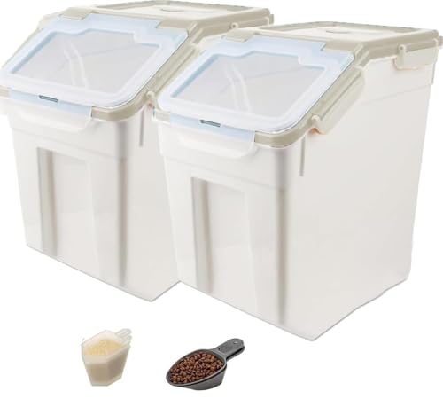 50LB Large Flour Storage Container Bin,2 Pack Airtight Plastic with Wheels Seal Locking Lid Dispenser Organizer Bin with Measuring Cup & Scoop for Flour, Rice, Grain 100LBS Total Capacity(Grey) - color: Grey/50lbs,2counts
