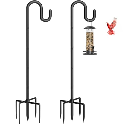 Shepherds Hook for Bird Feeder, 108" Extra Tall Double Bird Feeder Pole with 5-Prong Base, Heavy Duty Thickened Metal Shepherd Hook for Outdoor Plant Baskets, Lanterns, Black, 2 Pack - size: 108", style: 2 Pack