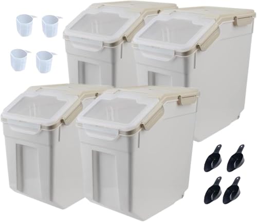 25LB Large Flour Storage Container Bin,4 Pack Airtight Plastic with Wheels Seal Locking Lid Dispenser Organizer Storage Bin with Measuring Cup & Scoop for Flour, Rice, Grain 100LBS Total，Grey - color: Grey/30lbs,4counts