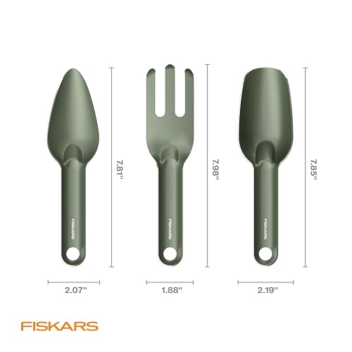 Fiskars 3-Piece House Plant Cultivating Tool Set for Indoor Gardening | Nesting Trowel, Soil Scoop & Cultivator, Stainless Steel with Green Powder Coat Finish, Space-Saving Design for Repotting - size: 3-Piece Set