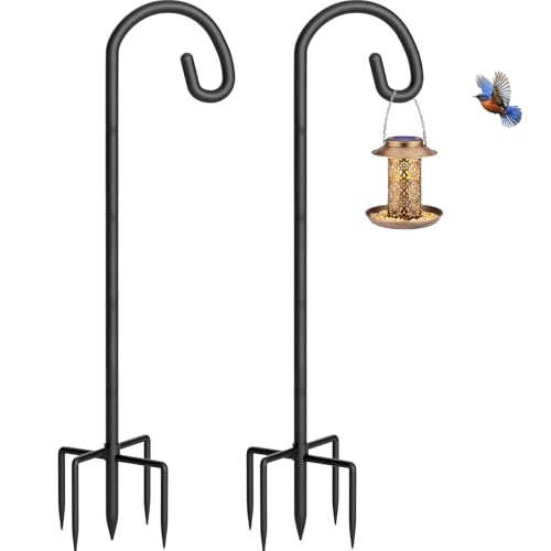 Shepherds Hook for Bird Feeder, 76" Heavy Duty Bird Feeder Pole with 5-Prong Base, Extra Thick Metal Shepherd Hook for Outdoor Hanging Plant Basket, Hummingbird Feeder, Solar Lantern, Black, 2 Pack - size: 76", style: 2 Pack
