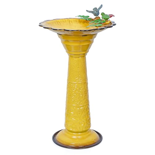 Alpine Corporation ORS112YL Vintage Metal Pedestal Birdbath with Stand, Shallow Bird Bath Bowl for Outside, 28" H, Yellow - color: Yellow