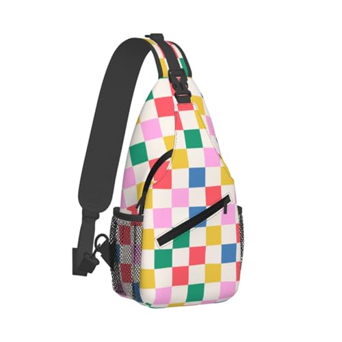 Rainbow Checkered Sling Bag for Women, Crossbody Bag Colorful Sling Backpack for Men, Casual Shoulder Bags Lightweight Gym Outdoor Sports Travel Hiking Fishing Daypack - color: Rainbow Checkered