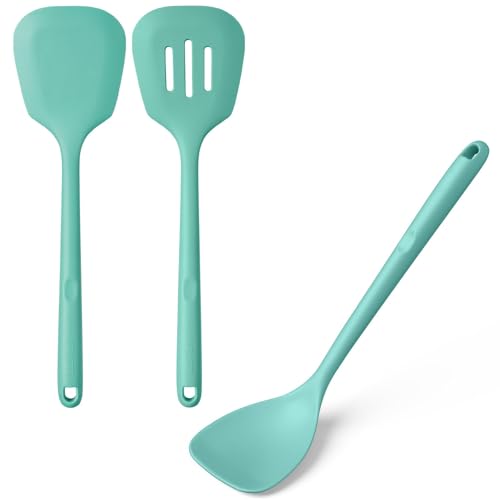 U-Taste 600ºF Heat Resistant 13.6in Long Solid & Slotted Silicone Turner and 600ºF Heat Resistant 13.76" Long, 3.63" Wide Wok Spatula for Kitchen Stir Fry (Aqua Sky)