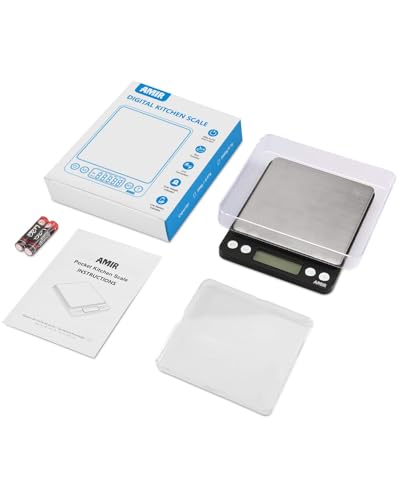 AMIR Digital Kitchen Scale, 500g/0.01g Mini Pocket Jewelry Scale, Cooking Food Scale with Backlit LCD Display, 2 Trays, 6 Units, Auto Off, Tare, PCS Function, Stainless Steel, Battery Included, Black - color: Black