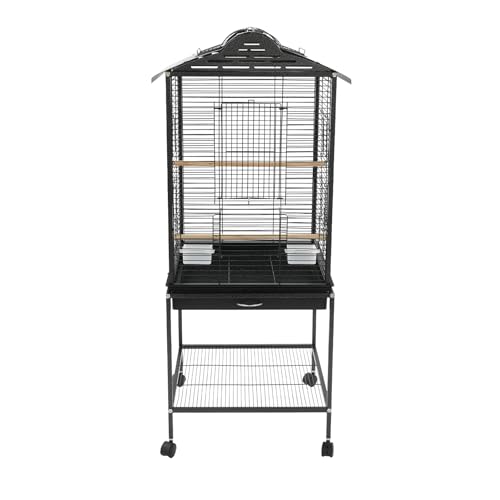 Bird Flight Cage with Rolling Stand 51" H Large Bird Cage W/Tray & Waterproof Roof, Wheels-Freestanding Bird Cage for Cockatiel, Budgerigar, Lovebird, Sun Conure, Cockatoo-Black