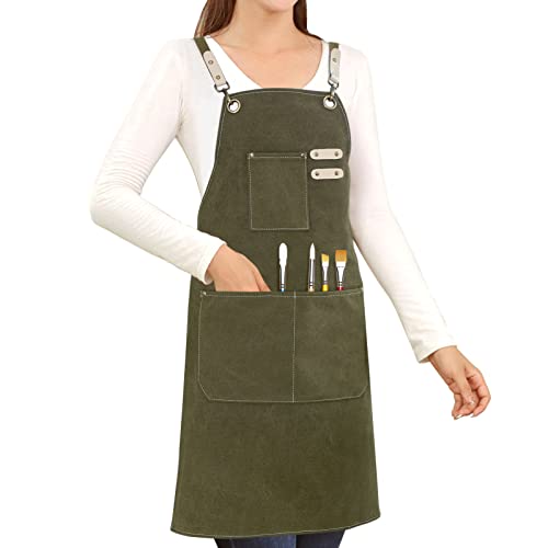 Hongsome Cotton Canvas Cross Back Apron for Art Painting Garden Chef Bartender Work,Women Men 3 Pockets Waterproof M-XXL - color: Green