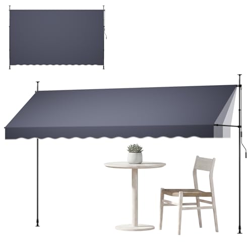 VEVOR Manual Retractable Awning, 157" x 59" Outdoor Patio Awnings Sunshade Shelter with 43"-59" Retractable Side Bar, No Drill Height Adjustable, Crank Handle for Backyard, Balcony, Dark Gray - size: 157x59 in