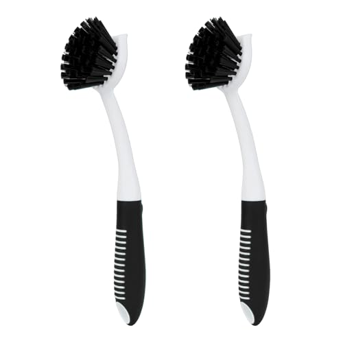 Dish Brush with Handle, 2 Pack Scrub Brushes, Black | Built-in Scraper, For Cleaning Kitchen, Pots, Pans and Sink, Scrubber Washing Tools - color: Black