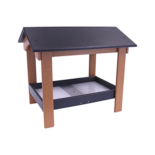 Ground Bird Feeder, Deluxe Fly-Through Covered Feeder for Birds and Squirrels with Screen Mesh Tray (Black/Cedar) - color: Black/Cedar
