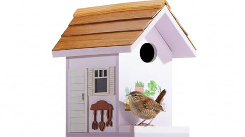 Spring Melody Wren House, Shingle Roof Composite Material Nesting Box, Hanging Birdhouse for Outside,Sparrow, Chickadee, Birdhouse for Outdoor, 5 Years Weatherable Bird Box on Post for Pole