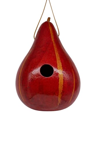 Red Striped Handmade Gourd Birdhouse, 9–11" Tall | Natural Bird House for Outdoors, 1.5" Entrance Hole, For Wrens, Chickadees & Bluebirds, Hanging Garden Decor
